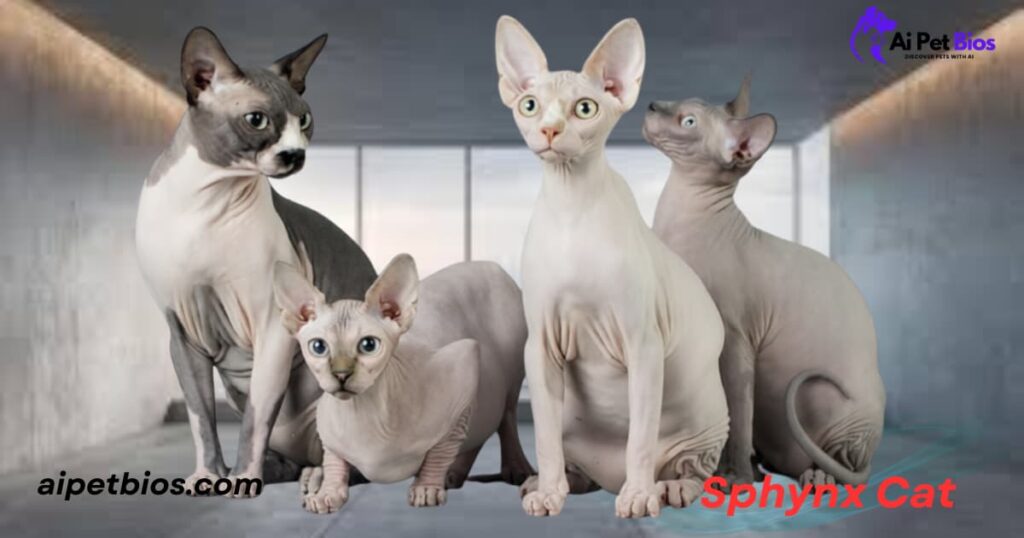 Four hairless Sphynx cats of various colors and sizes sitting in a modern, minimalist room. The image features the text "Ai Pet Bios," "aipetbios.com," and "Sphynx Cat."