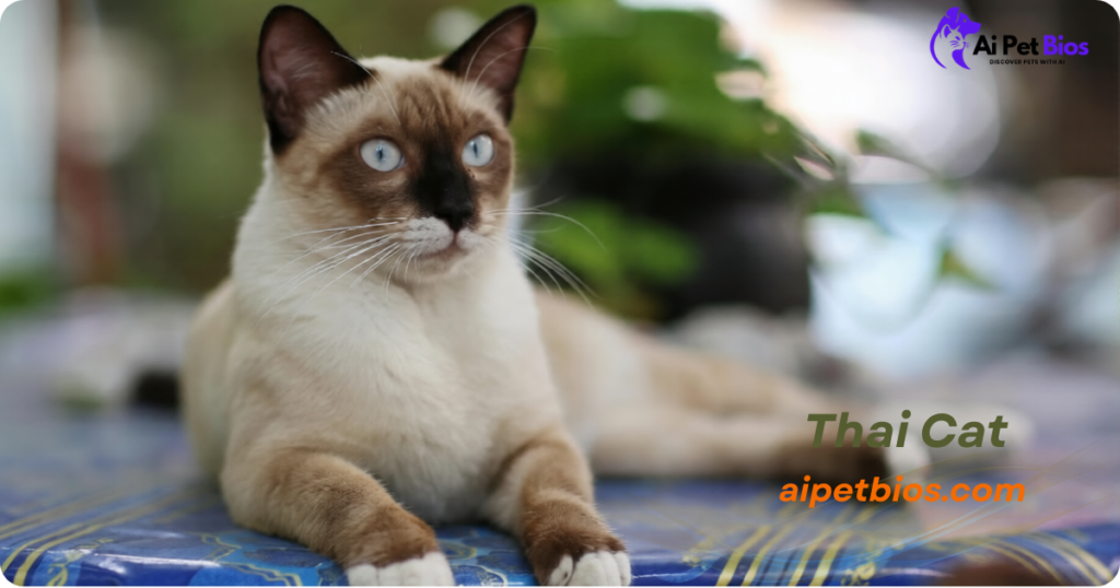 A Thai cat with cream fur, dark brown points on its face and ears, and bright blue eyes lies on a blue patterned surface. Text reads "Thai Cat" and "aipetbios.com" with an "Ai Pet Bios" logo in the corner.