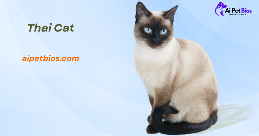 A seated Thai cat with cream fur, dark brown points, and blue eyes against a light blue background. Text includes "Thai Cat," "aipetbios.com," and the "Ai Pet Bios" logo.