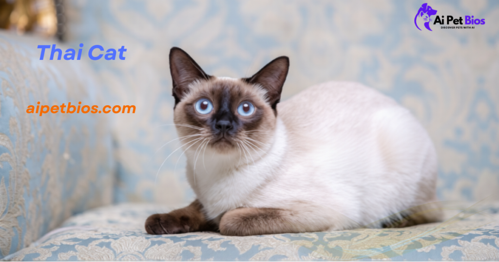 A Thai cat with wide blue eyes and dark points on its face and ears rests on a light blue patterned sofa. Text includes "Thai Cat," "aipetbios.com," and the "Ai Pet Bios" logo in the corner.