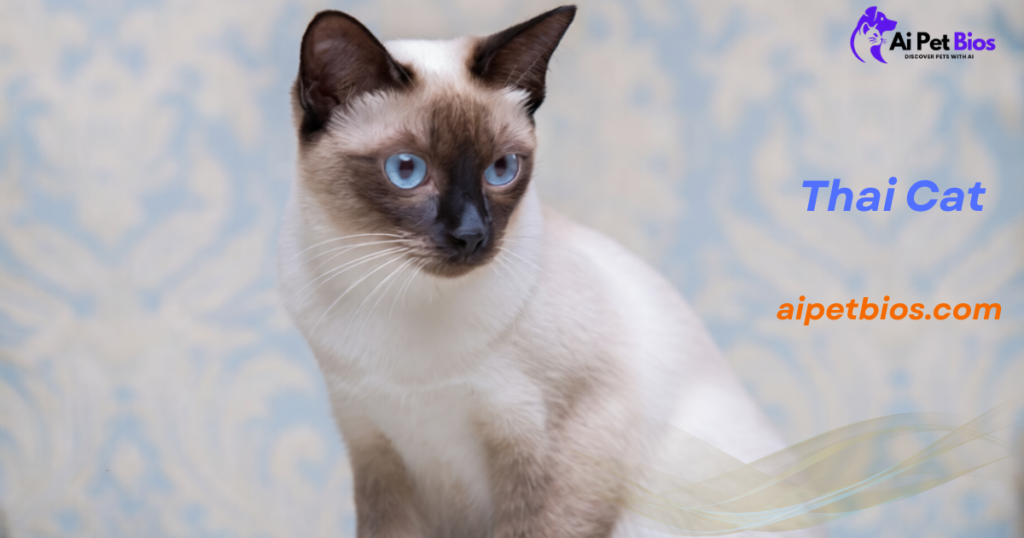 A Thai cat with cream fur, dark points, and striking blue eyes looks downward against a patterned light blue background. Text reads "Thai Cat" and "aipetbios.com" with the "Ai Pet Bios" logo in the upper right.