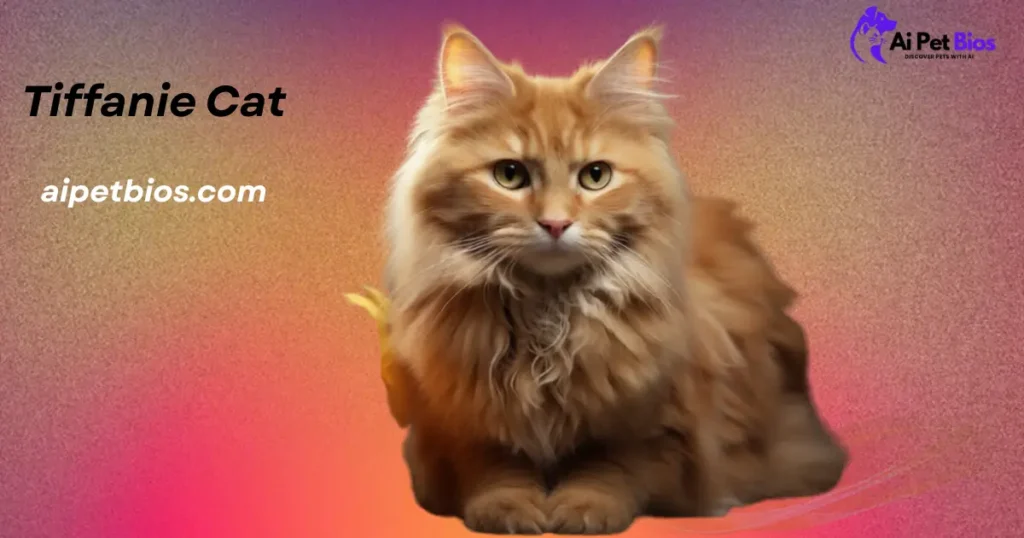 A fluffy, long-haired ginger Tiffanie cat sits against a vibrant pink and orange gradient background. Text: "Tiffanie Cat" and "aipetbios.com" with the Ai Pet Bios logo.