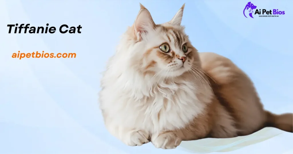 A fluffy, cream and light-brown Tiffanie cat looking right on a light blue background. Text: "Tiffanie Cat", "aipetbios.com", and Ai Pet Bios logo.