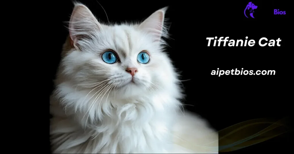 A white, long-haired Tiffanie cat with bright blue eyes against a solid black background. Text: "Tiffanie Cat," "aipetbios.com," and the Ai Pet Bios logo.