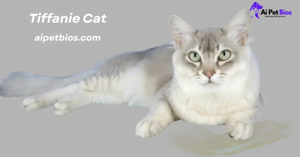 A silver and white Tiffanie cat with green eyes lies on a gray background. Text: "Tiffanie Cat", "aipetbios.com", and Ai Pet Bios logo.