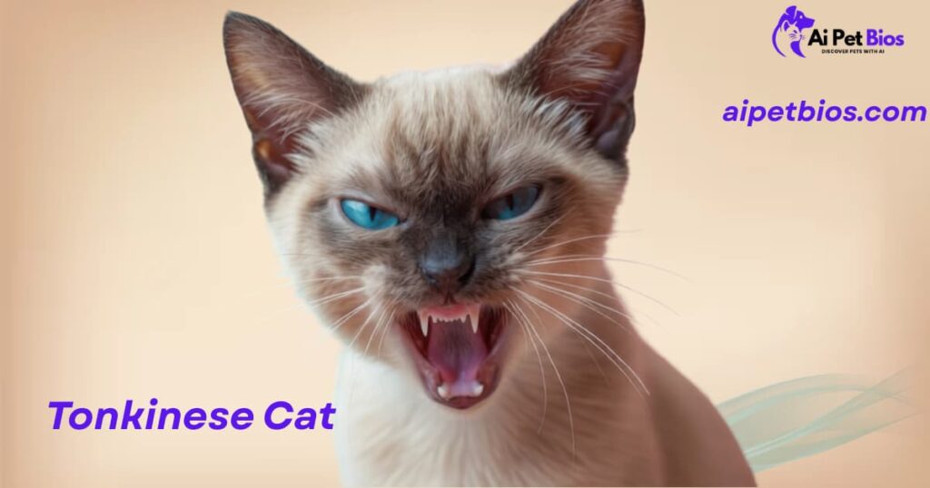A close-up of a Tonkinese cat with bright blue eyes, hissing with its mouth wide open. The text reads "Tonkinese Cat," "Ai Pet Bios," and "aipetbios.com."