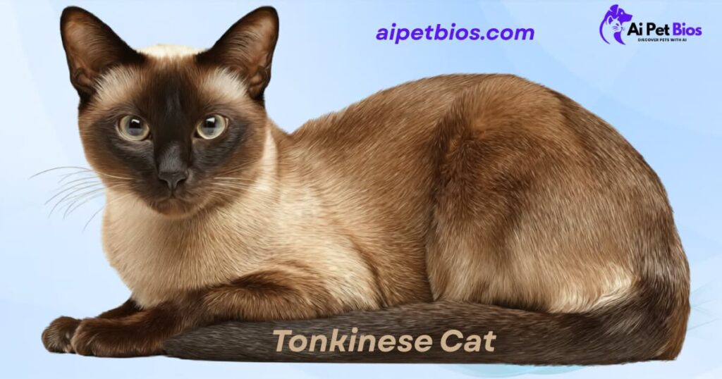 An elegant adult Tonkinese cat lounging on a light blue background. Includes the text "Tonkinese Cat," "aipetbios.com," and the logo for "Ai Pet Bios."