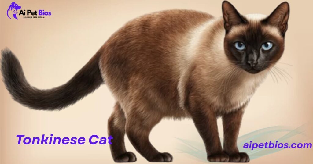Full-body profile of an elegant Tonkinese cat standing on a beige background. Text includes "Tonkinese Cat," "aipetbios.com," and the "Ai Pet Bios" logo.