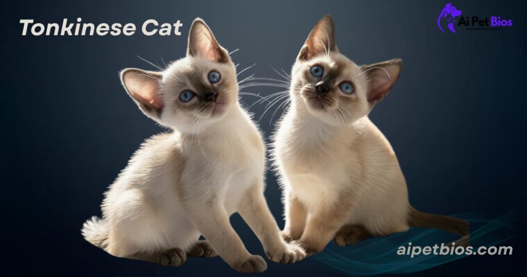 Two Tonkinese kittens with bright blue eyes sitting against a dark blue background. Text includes "Tonkinese Cat," "aipetbios.com," and the "Ai Pet Bios" logo.