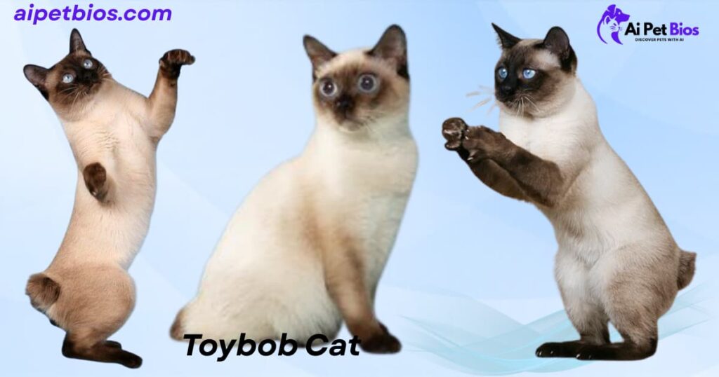 Three Toybob cats in different poses against a blue background. Text: "aipetbios.com," "Toybob Cat," and "Ai Pet Bios."