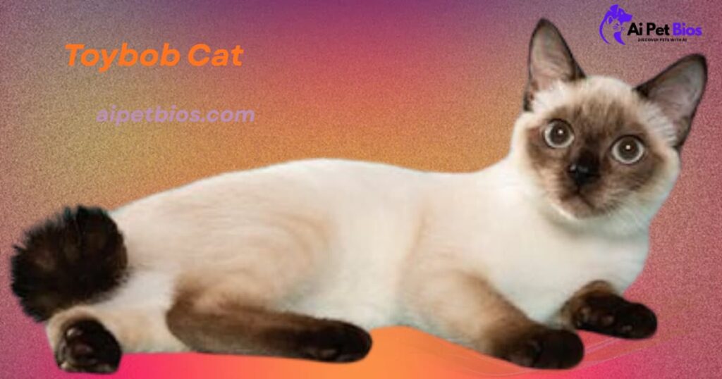 A Toybob cat with a cream coat, seal point markings, and a short bobtail lies on a textured gradient background. Text: "Toybob Cat aipetbios.com."