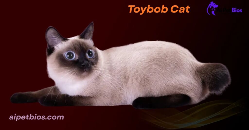 A wide-eyed Toybob cat with seal point coloring and blue eyes lying on a dark red background. Text: "Toybob Cat aipetbios.com."