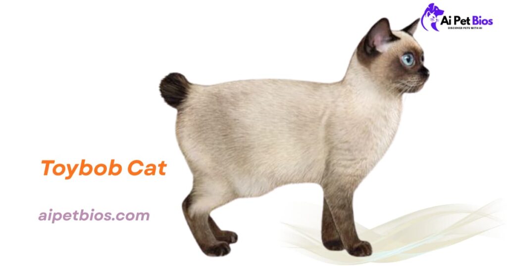 A Toybob cat with a cream body, dark point markings, blue eyes, and a bobbed tail. Text: "Toybob Cat aipetbios.com."