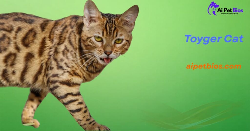 A Toyger cat with orange and black tiger-like stripes and a small blep, walking against a green background with the text "Toyger Cat," "aipetbios.com," and a logo.