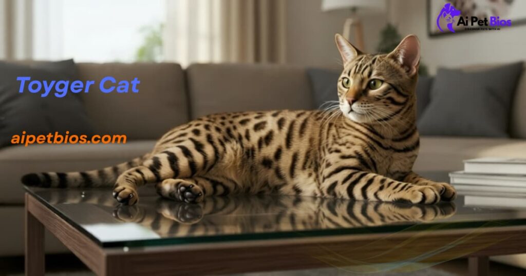 A Toyger cat with bold, tiger-like stripes lying on a glass coffee table in a modern living room. Text reads "Toyger Cat," "aipetbios.com," and "Ai Pet Bios" with a logo.