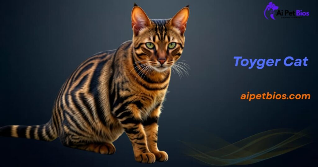 A Toyger cat with striking tiger-like stripes and green eyes sitting against a dark background. Text includes "Toyger Cat," "aipetbios.com," and the "Ai Pet Bios" logo.
