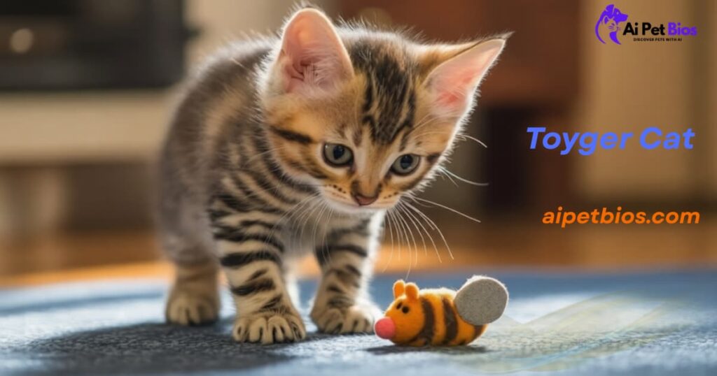 A Toyger kitten with soft tiger stripes looking down at a small bee-shaped toy on a blue rug. Text includes "Toyger Cat," "aipetbios.com," and "Ai Pet Bios" logo.