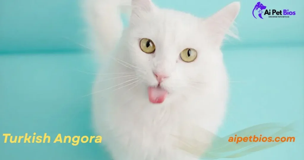 Close-up of a white Turkish Angora cat sticking its tongue out against a light blue background. The text includes "Ai Pet Bios," "Turkish Angora," and "aipetbios.com."