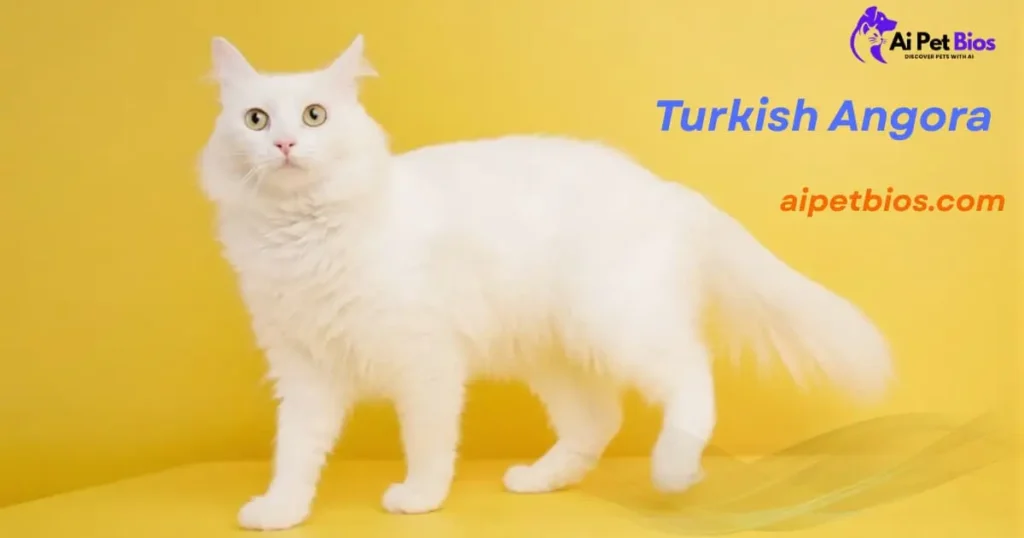 A long-haired white Turkish Angora cat stands against a solid yellow background. The text reads "Ai Pet Bios," "Turkish Angora," and "aipetbios.com."