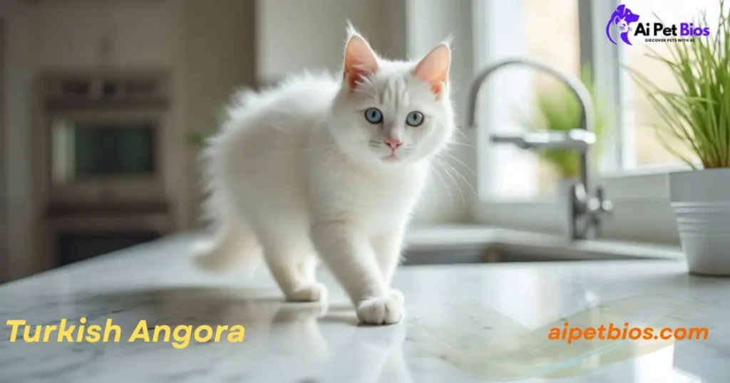 A white Turkish Angora kitten walking on a marble kitchen counter. The text includes "Ai Pet Bios," "Turkish Angora," and "aipetbios.com."