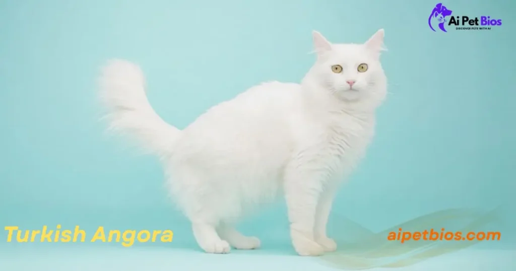 An elegant white Turkish Angora cat stands in profile against a light teal background, its plumed tail slightly raised. The image includes the text "Ai Pet Bios," "Turkish Angora," and "aipetbios.com."