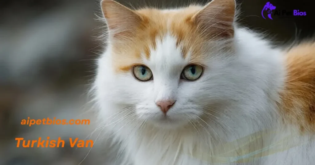 Close-up of a white Turkish Van cat with orange patches on its head and light green eyes. The text "aipetbios.com" and "Turkish Van" is overlayed in orange.