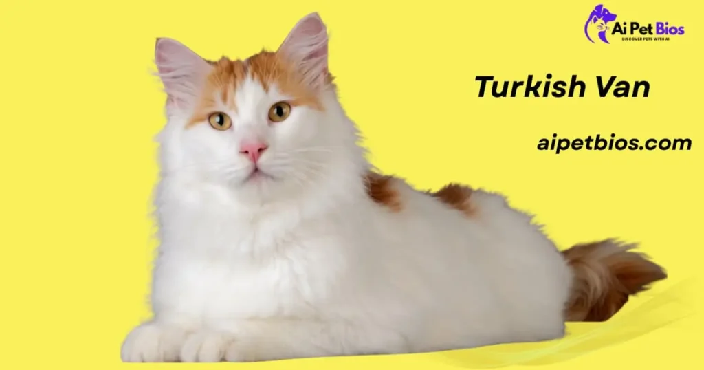 A long-haired white Turkish Van cat with auburn markings on its head and tail lies against a bright yellow background. The text "Ai Pet Bios," "Turkish Van," and "aipetbios.com" is visible on the right.