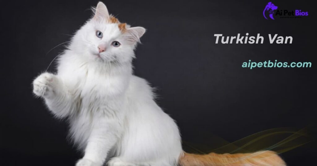 A fluffy white Turkish Van cat with ginger markings on its head and tail sits against a dark background, raising one paw. Text reads "Ai Pet Bios," "Turkish Van," and "aipetbios.com."