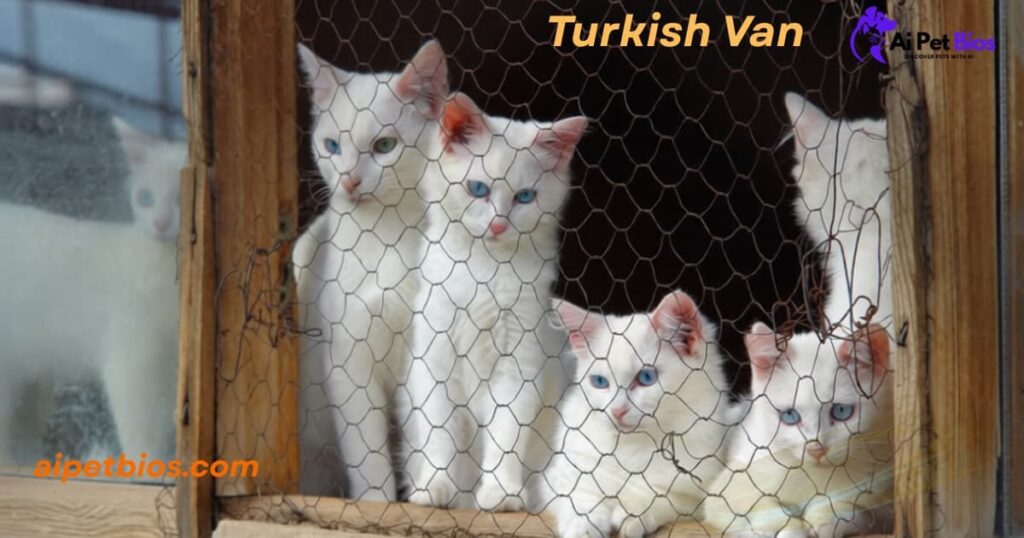 Five white Turkish Van kittens with blue or heterochromatic eyes look through a wire fence. Text includes "Turkish Van," "Ai Pet Bios," and "aipetbios.com."