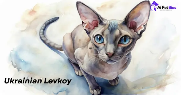 A watercolor-style illustration of a hairless Ukrainian Levkoy cat with large blue eyes and folded ears. Text: "Ukrainian Levkoy" and AI Pet Bios logo.