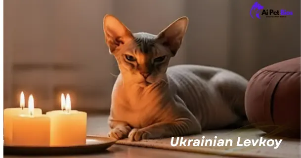 A hairless Ukrainian Levkoy cat lies on a floor, illuminated by the warm glow of three lit candles in the foreground. Text: "Ukrainian Levkoy" and AI Pet Bios logo.