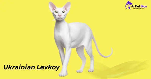 A slender, white Ukrainian Levkoy cat stands against a solid yellow background. The text includes "Ukrainian Levkoy" and the AI Pet Bios logo.