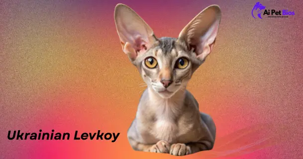 A hairless Ukrainian Levkoy cat with large pointed ears and golden eyes sits against an orange and pink gradient background. Text: "Ukrainian Levkoy" and AI Pet Bios logo.