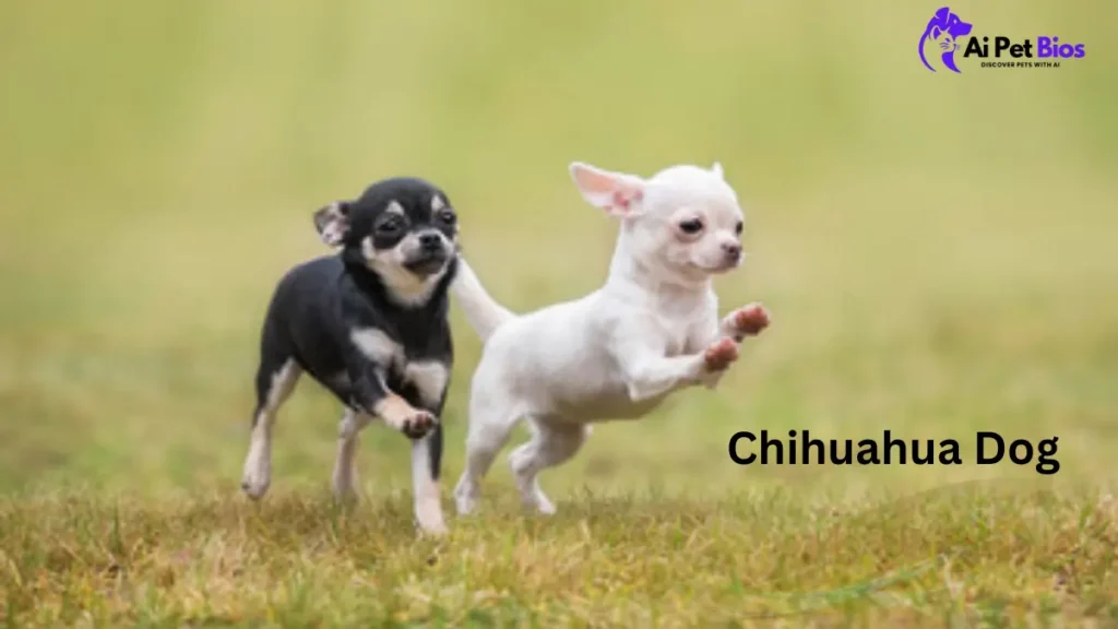 Black and tan Chihuahua and a white Chihuahua puppy running playfully across a grassy field. Text reads 'Chihuahua Dog' and 'Ai Pet Bios'.