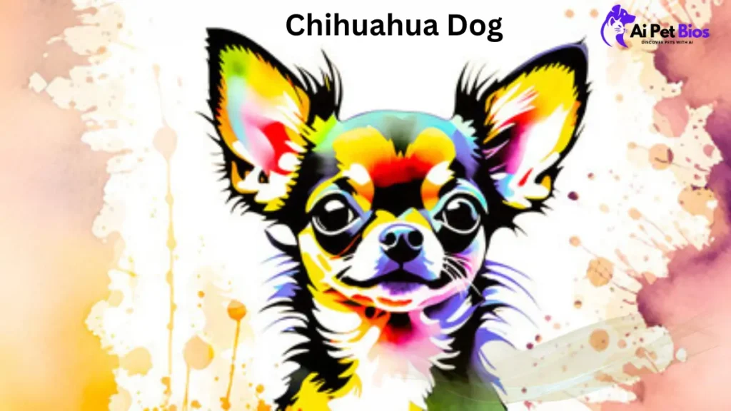 "A colorful, artistic watercolor illustration of a Chihuahua's face. The dog is rendered with bold, multi-colored strokes—including shades of yellow, blue, red, and black—against a splattered watercolor background in warm tones. The text 'Chihuahua Dog' is centered at the top, and the 'Ai Pet Bios' logo is in the upper right corner."