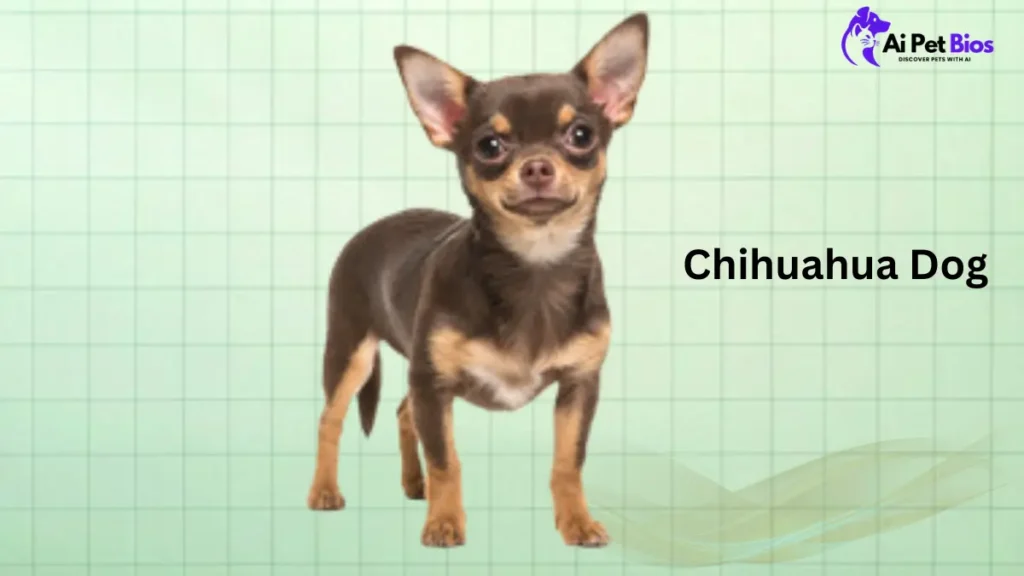 Brown and tan Chihuahua standing on a light green grid background. Text reads 'Chihuahua Dog' and 'Ai Pet Bios'.