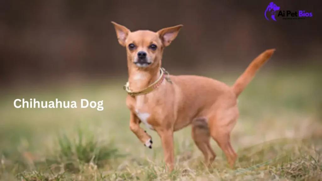 A tan Chihuahua with a white chest patch standing in a grassy field with one paw raised. The text reads 'Chihuahua Dog' and 'AI Pet Bios.'