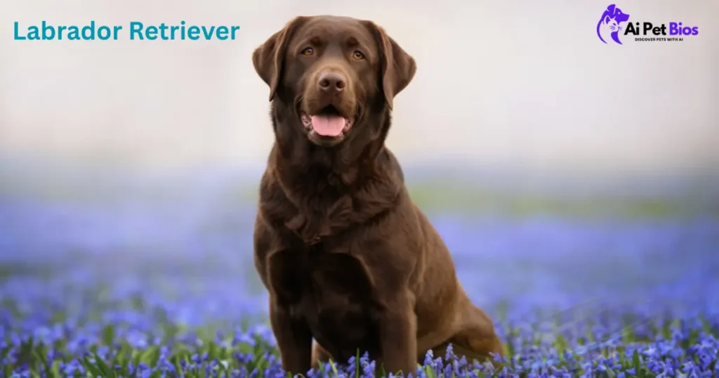 A chocolate Labrador Retriever sits in a field of blue flowers. Text: "Labrador Retriever" and "Ai Pet Bios" logo.