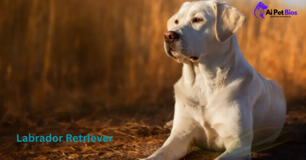 Yellow Labrador Retriever lying in a field at sunset. Text: "Labrador Retriever" and "Ai Pet Bios" logo.