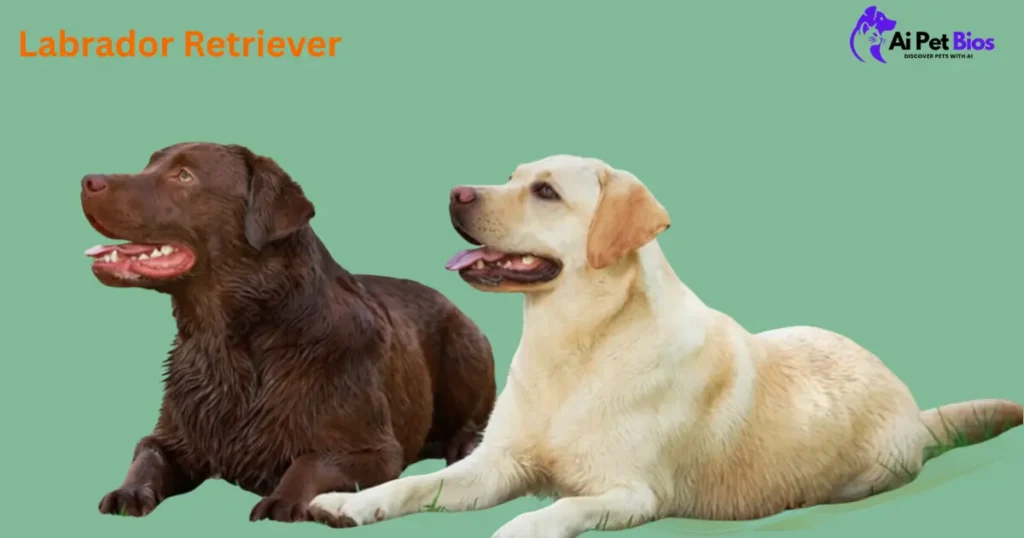 A chocolate and a yellow Labrador Retriever lying side-by-side on a green background. Text: "Labrador Retriever" and "Ai Pet Bios" logo.