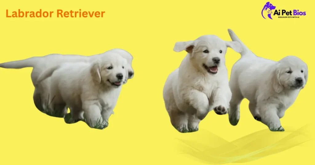 Three white Labrador Retriever puppies running on a yellow background. Text: "Labrador Retriever" and "Ai Pet Bios" logo.