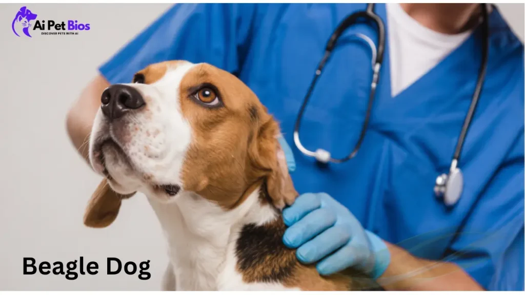 A veterinarian wearing blue scrubs and medical gloves examines a tri-color beagle.
