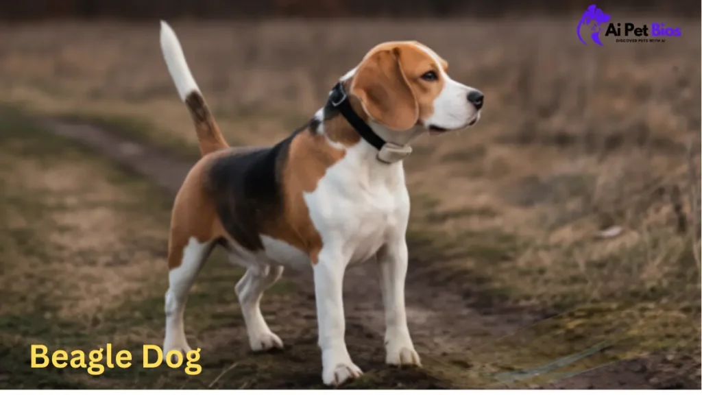 A tri-color beagle stands alert on a dirt path in a rural field under a cloudy, overcast sky.