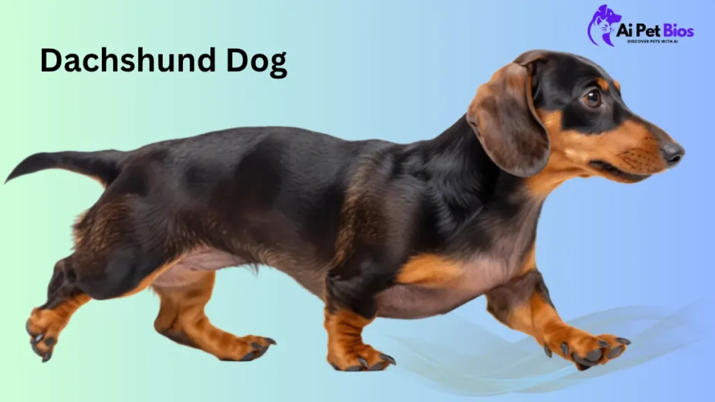 A black and tan dachshund walks against a teal gradient. "Dachshund Dog" is at the top left; "Ai Pet Bios" logo at top right.