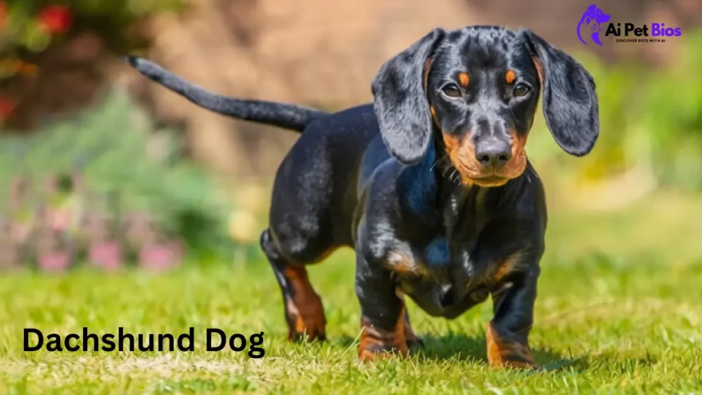 A black and tan dachshund stands on a grassy lawn. The text "Dachshund Dog" is visible, with an "Ai Pet Bios" logo in the top right corner.