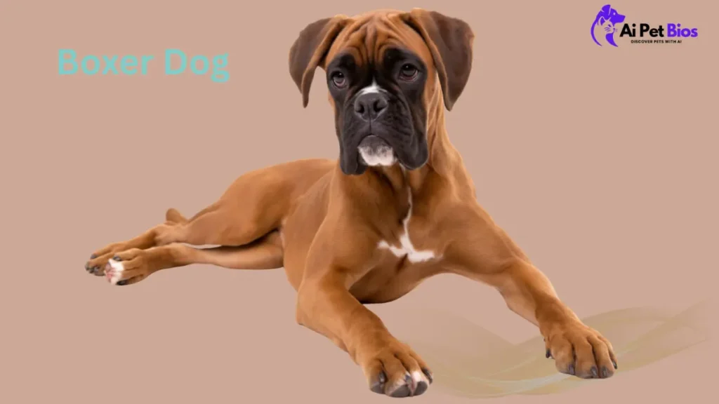 "A studio portrait of a brown and white Boxer dog lying down on a light beige background. The dog is looking forward with a gentle expression. The text 'Boxer Dog' is printed in a soft teal color on the top left, and the 'Ai Pet Bios' logo is visible in the top right corner."