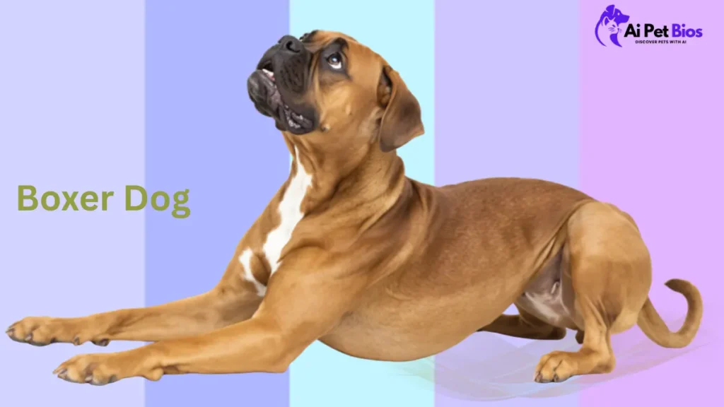 "A studio image of a brown and white Boxer dog in a playful 'play bow' stance, looking upward against a background of vertical pastel-colored stripes. The text 'Boxer Dog' is printed in olive green on the left side, and the 'Ai Pet Bios' logo is visible in the top right corner."
