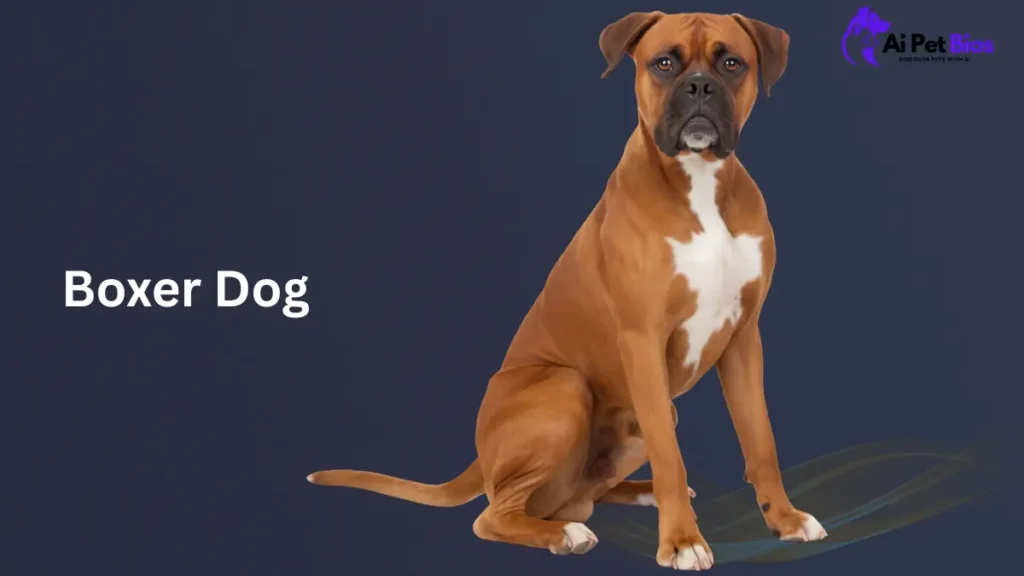 "A full-body studio portrait of a brown and white Boxer dog sitting calmly on a dark blue background. The text 'Boxer Dog' is printed in white on the left side, and the 'Ai Pet Bios' logo is visible in the top right corner."