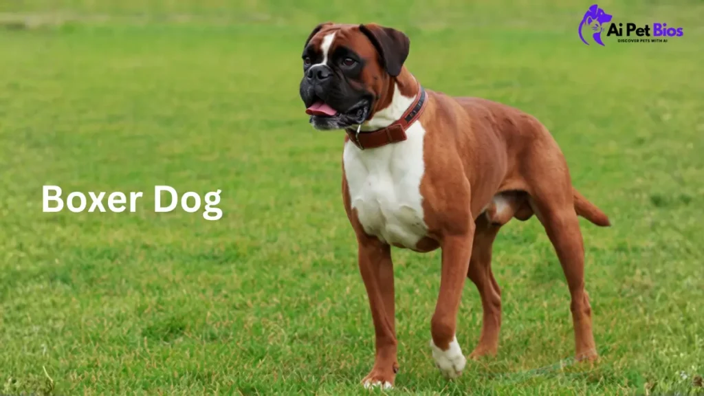 "A full-body shot of a brown and white Boxer dog wearing a brown leather collar, standing on a green grass field. The dog is looking toward the left with its mouth slightly open. The words 'Boxer Dog' are displayed in white text on the left side of the image."