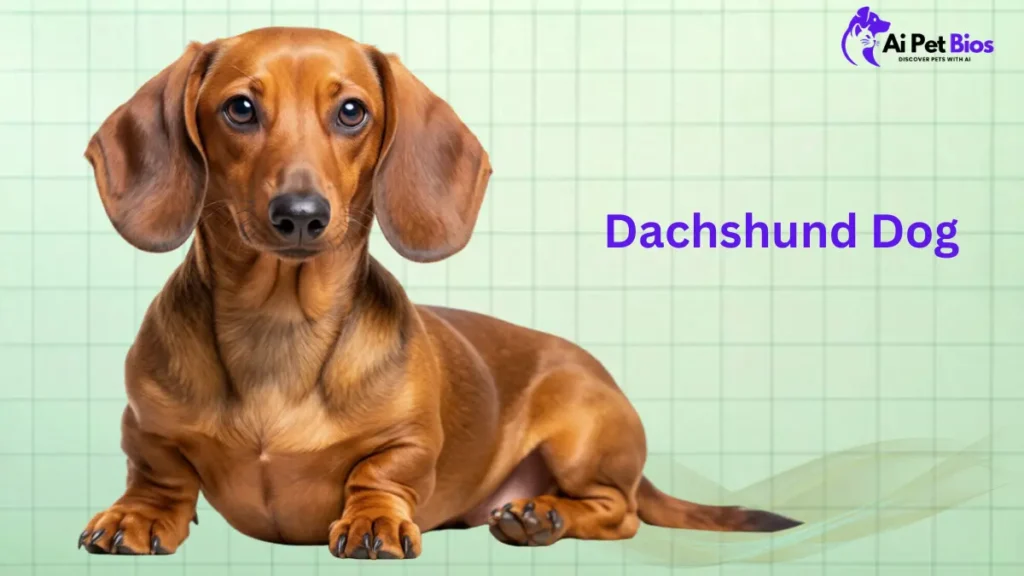 A brown dachshund lies on a light green grid. Text reads "Dachshund Dog," with the "Ai Pet Bios" logo at the top right.
